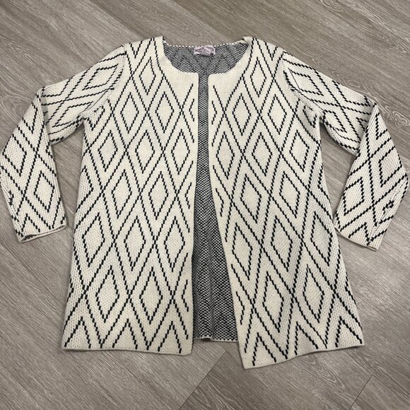 ANTHROPOLOGIE OLIVER  Womens L  Black Ivory Diamond Open Front Cardigan - Picture 1 of 3